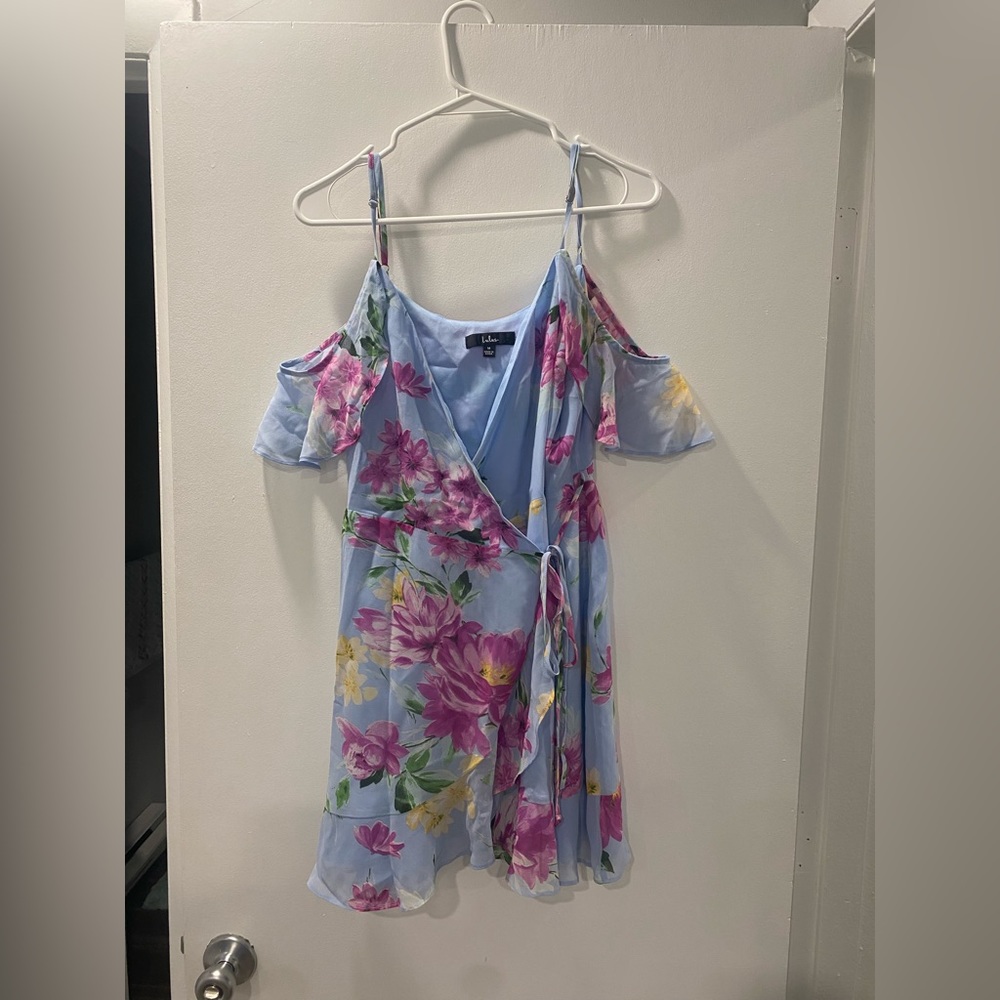 Lulus Blooming Blue Floral Print Ruffled Off-the-Shoulder Wrap Dress